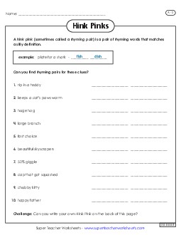 Hink Pinks: Level A-2 Brainteasers Worksheet