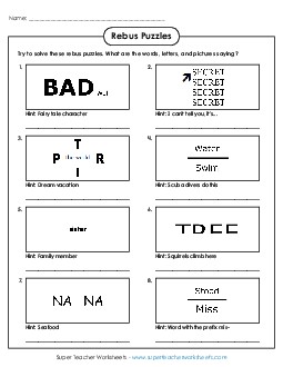 Rebus Puzzles (Easy) Free Brainteasers Worksheet