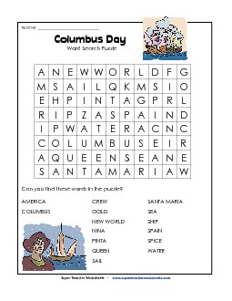 Christopher Columbus Word Search (Easy) Holiday Worksheet