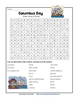 Christopher Columbus Word Search (Hard) Holiday Worksheet