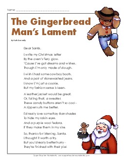 Gingerbread Man\'s Lament (Christmas) Free  Grade Reading Comprehension Worksheet