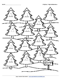 2-Digit Multiplication Christmas Trees Worksheet