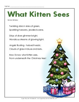 What Kitten Sees (Christmas) Reading Comprehension Worksheet