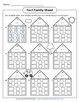 Fact Family Houses (Up to 9s) Free Number Families Worksheet