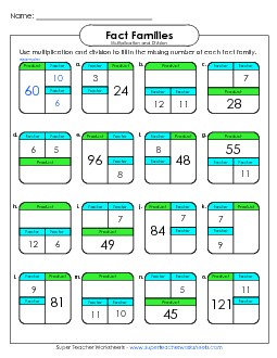 Fact Family - Boxes (0-12s) Number Families Worksheet