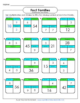 Fact Family - Boxes (0-9s) Number Families Worksheet