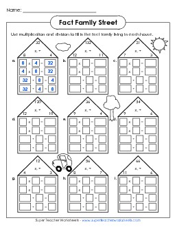 Fact Family Houses (Up to 12s) Number Families Worksheet