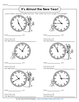 Time: How Long \'Till Midnight? Free New Year Worksheet