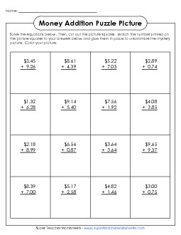 Math Picture Puzzle: Adding Money New Year Worksheet