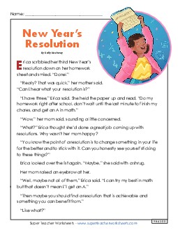 New Year\'s Resolution (Fiction) 4th Grade Reading Comprehension Worksheet