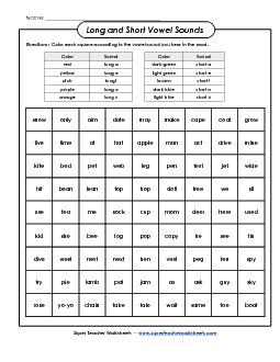 Long and Short Vowels: Coloring Boxes Free Phonics Worksheet