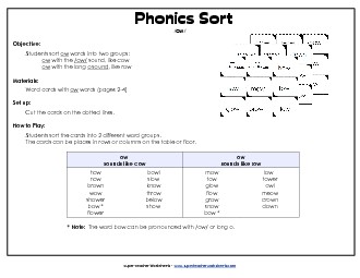 Word Sort: 2 Sounds of ow Phonics Words With Worksheet