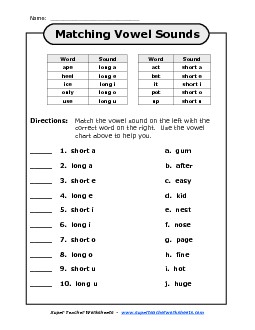 Matching Vowel Sounds Phonics Worksheet