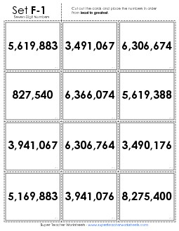 Ordering: Card Sort Game (7-Digit) Place Value Worksheet