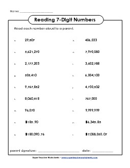 Read the Numbers: 7-Digit Place Value Worksheet