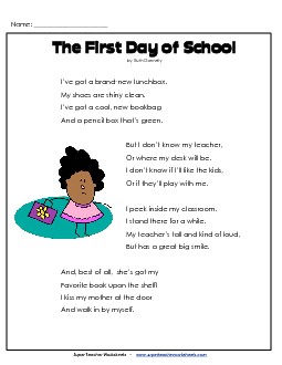 First Day of School 2nd Grade Reading Comprehension Worksheet