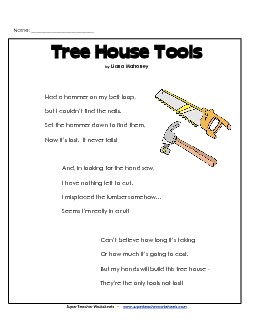 Tree House Tools 3rd Grade Reading Comprehension Worksheet