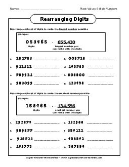 Rearranging Digits (6-Digit Numbers) Place Value Worksheet