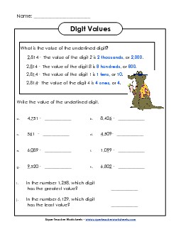 Underlined Digit (4-Digit) Place Value Worksheet