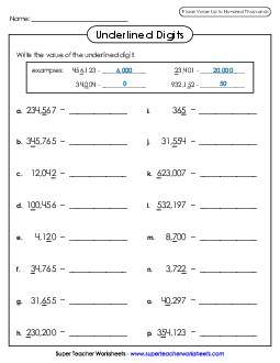 Underlined Digit Place Value Worksheet