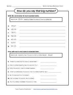 Word Name (Hundred Thousands) Place Value Worksheet