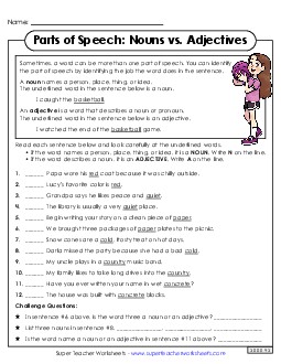 Parts of Speech: Nouns vs. Adjectives Free Worksheet