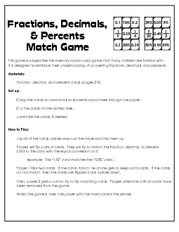 Percent Memory Match Game Percents Worksheet