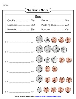 Snack Shack Counting Money Worksheet