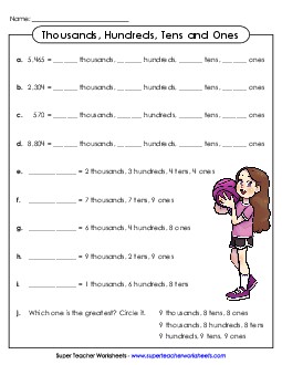 Thousands, Hundreds, Tens and Ones Place Value Worksheet