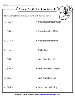 Number Match (3-Digit) Place Value Worksheet