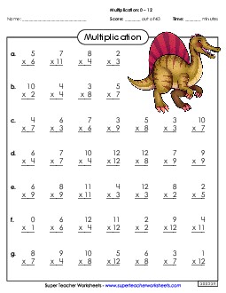 Multiplication Basic Facts #1 Factors 0 through 12 Worksheet