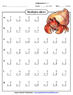 Multiplication Basic Facts 0 - 7 Worksheet