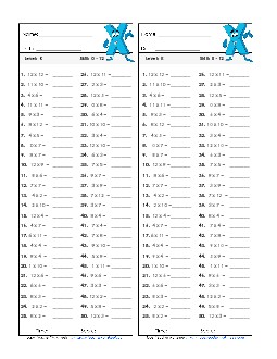 Multiplication Timed Quiz #1 Factors 0 through 12 Worksheet