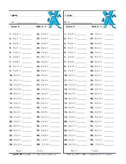 Multiplication Timed Quiz 0 - 9 Worksheet