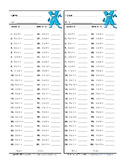 Multiplication Timed Quiz 0 - 5 Worksheet