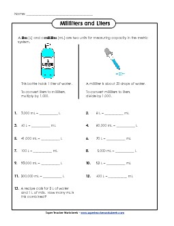 Converting Milliliters and Liters- Basic Measurement Worksheet