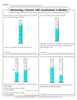 Grad Cylinders - Math Problems Measurement Worksheet