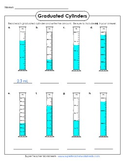 Graduated Cylinders (Mixed - Some Decimals) Measurement Worksheet