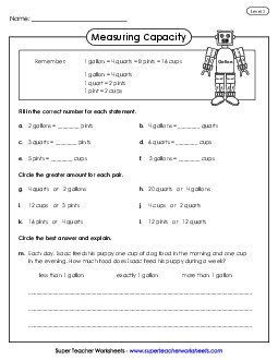 Capacity (Intermediate) Measurement Worksheet