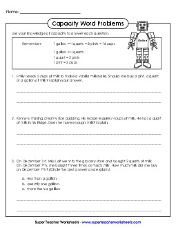 Capacity Word Problems Measurement Worksheet