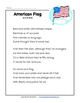 American Flag (Poem) Poems Worksheet