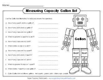 Gallon Bot with Questions Measurement Worksheet