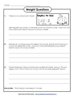 Weight Questions (Harder) Measurement Worksheet