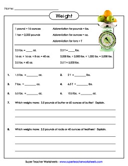 Pounds, Ounces, Tons (Harder) Measurement Worksheet