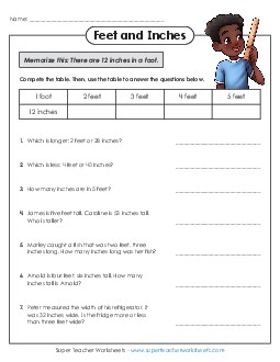 Feet and Inches Measurement Worksheet