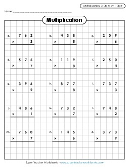 Multiplication: 3-digit by 1-digit Worksheet