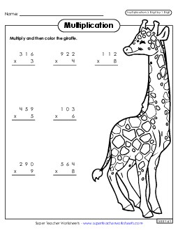 Color and Multiply: Giraffe Multiplication Worksheet