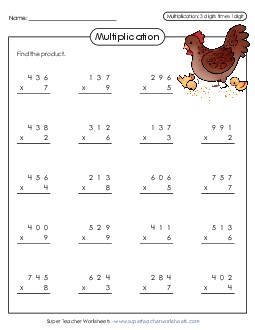 Multiplication: 3-digit times 1-digit Worksheet