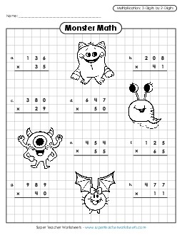 Monster Math: 3-digit by 2-digit Multiplication Worksheet