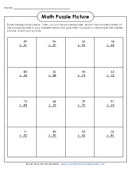 Hockey Picture Puzzle (2 Digits Times 2 Digits) Winter Worksheet